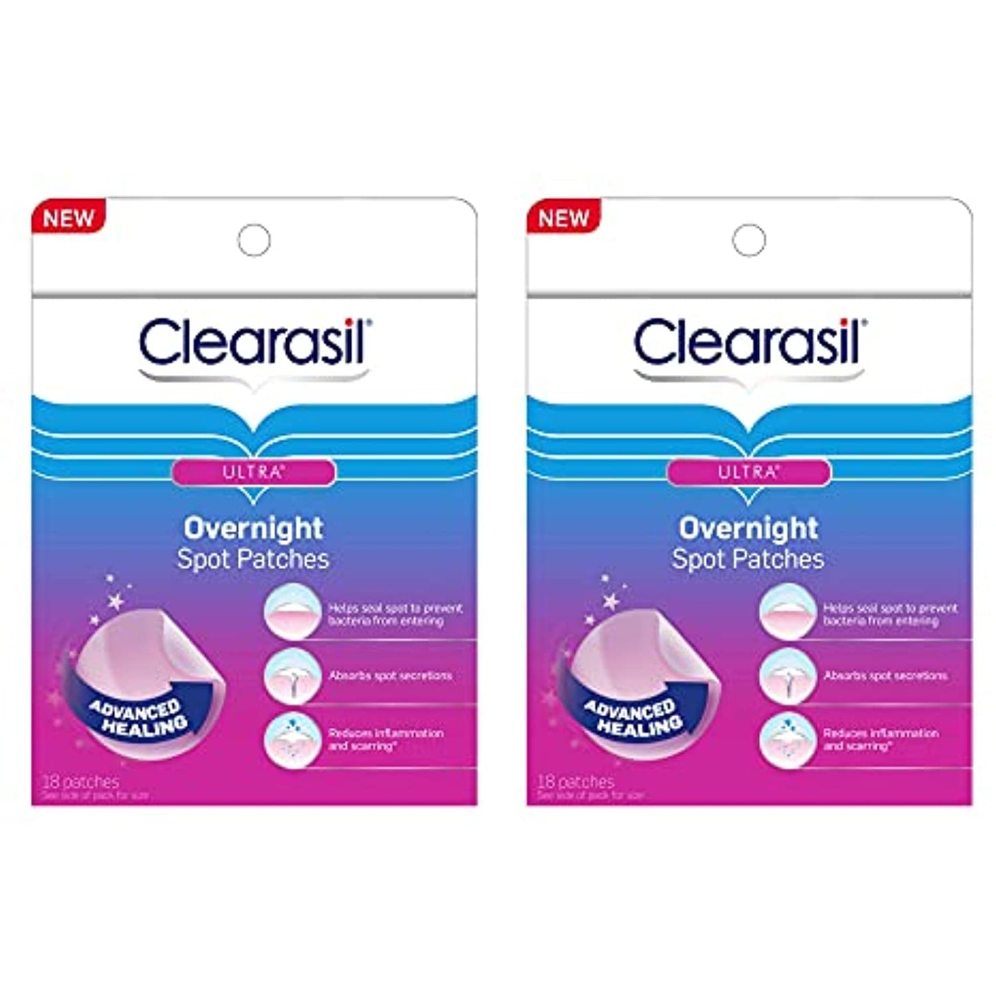 Acne Treatment Face Patches - Clearasil Ultra Overnight Spot Patches Advanced Healing for Acne Control, 18 Count (Pack of 2)