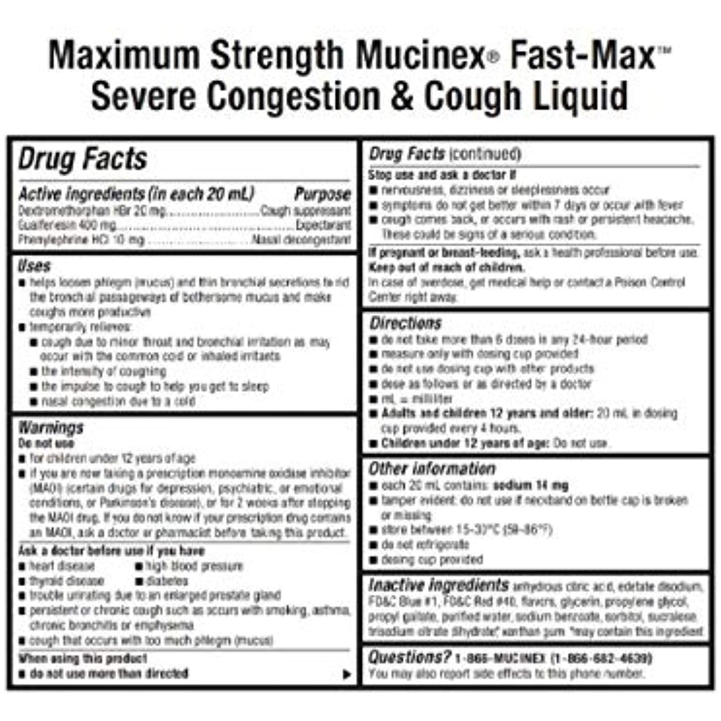 Congestion and Cough Liquid, Mucinex Fast-Max Severe Congestion and Cough Liquid, 6 fl. oz., Fast Acting Maximum Strength Formula (Pack of 4)
