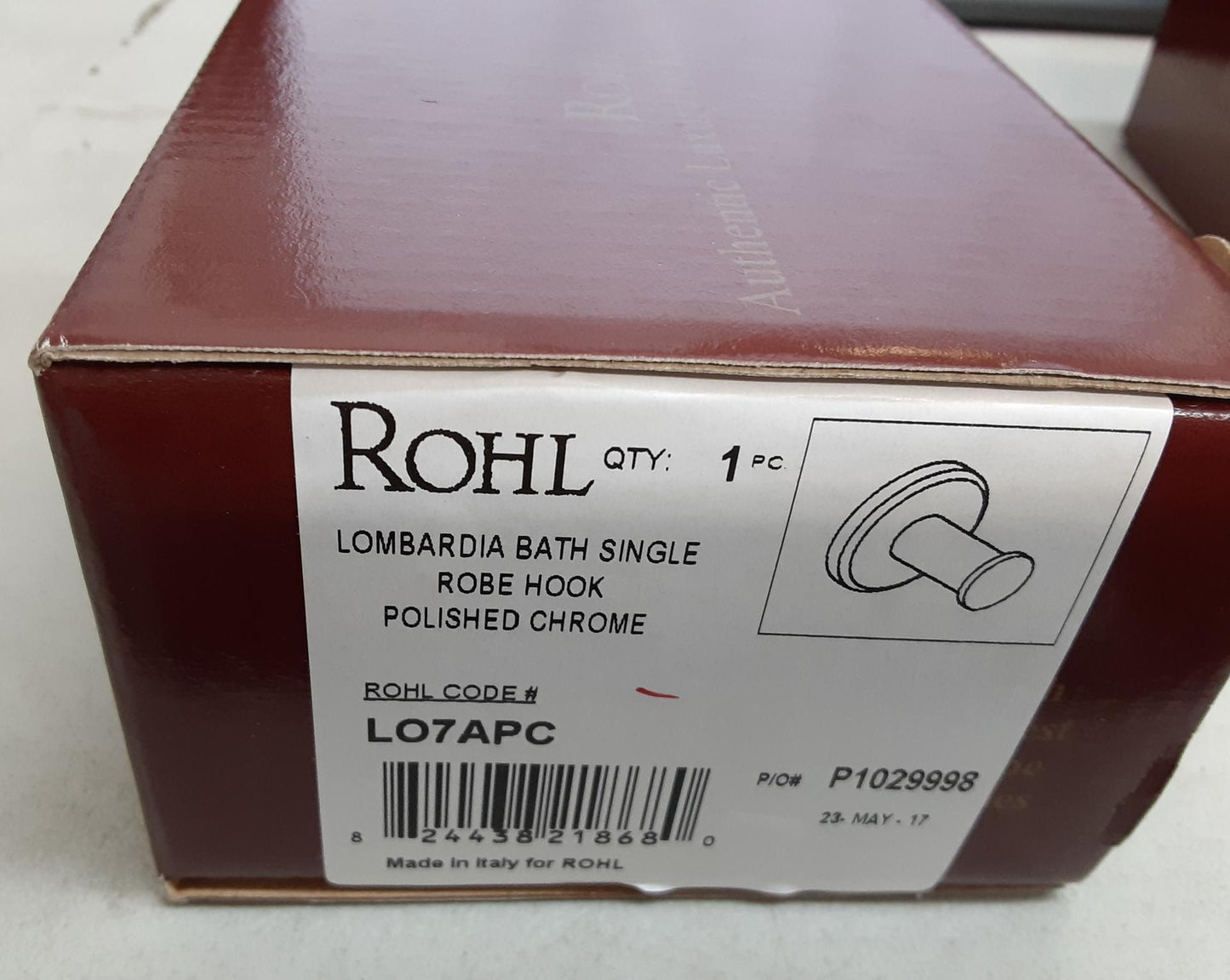 ROHL LO7APC Robe Hanger, single, Polished Chrome