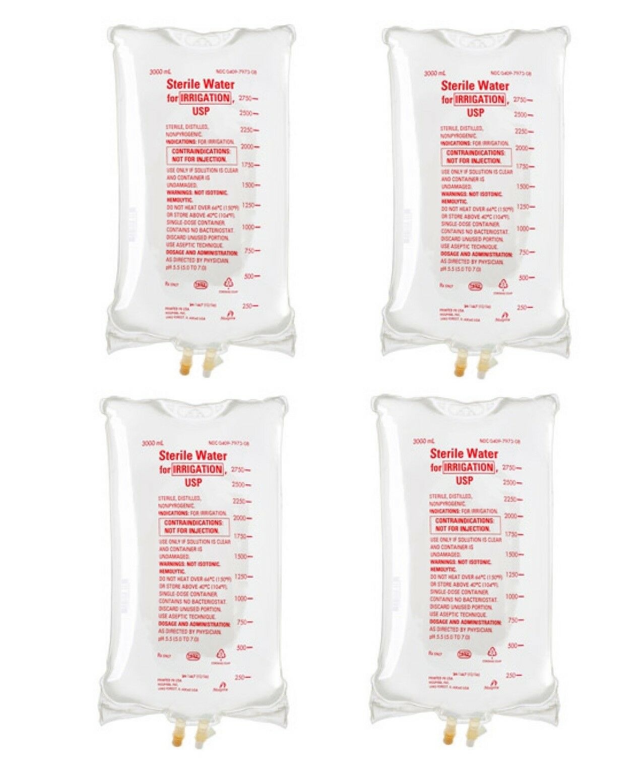 4 Pack Hospira STERILE WATER FOR IRRIGATION 3,000ml Flexible Bags AS IS