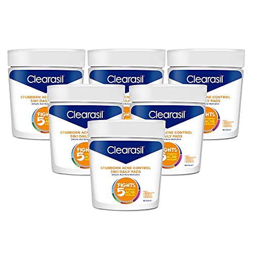 Acne Treatment Facial Cleansing Pads- Clearasil Stubborn Acne Control 5-in-1 Daily Pads with Salicylic Acid Acne Medication, 90 Count (Pack of 6)