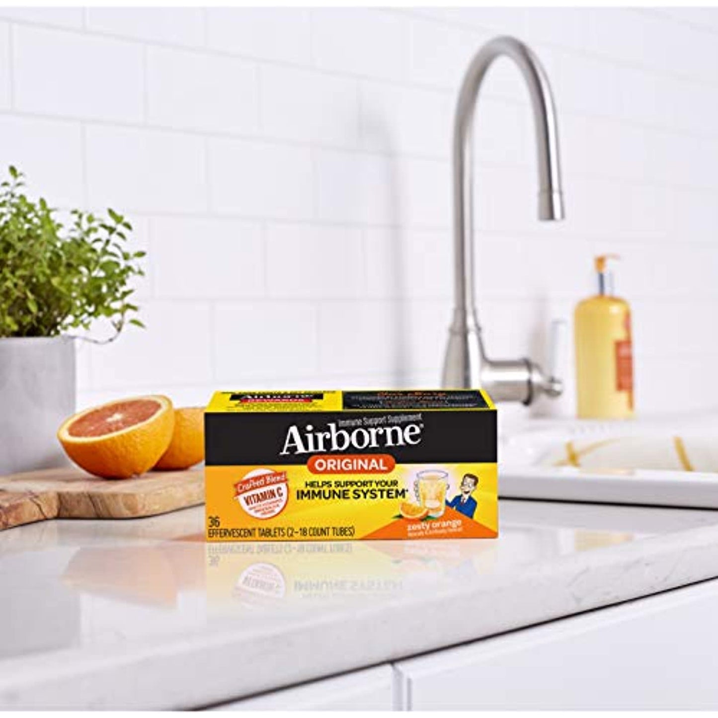 Airborne Vitamin C 1000mg (per serving) - Zesty Orange Effervescent Tablets (36 count in a box), Gluten-Free Immune Support Supplement With Vitamins A C E, ZINC, Selenium, Echinacea & Ginger