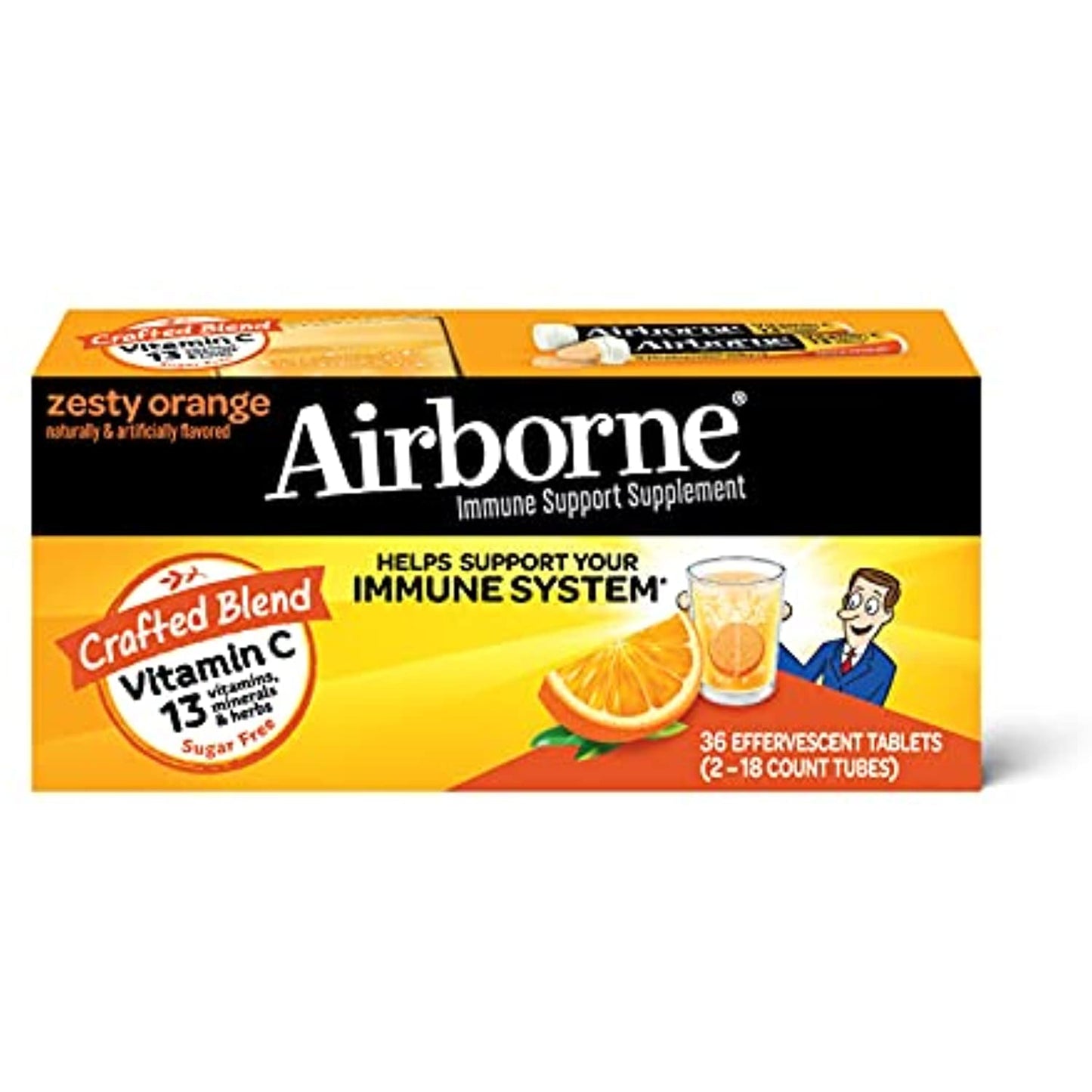 Airborne Vitamin C 1000mg (per serving) - Zesty Orange Effervescent Tablets (36 count in a box), Gluten-Free Immune Support Supplement With Vitamins A C E, ZINC, Selenium, Echinacea & Ginger