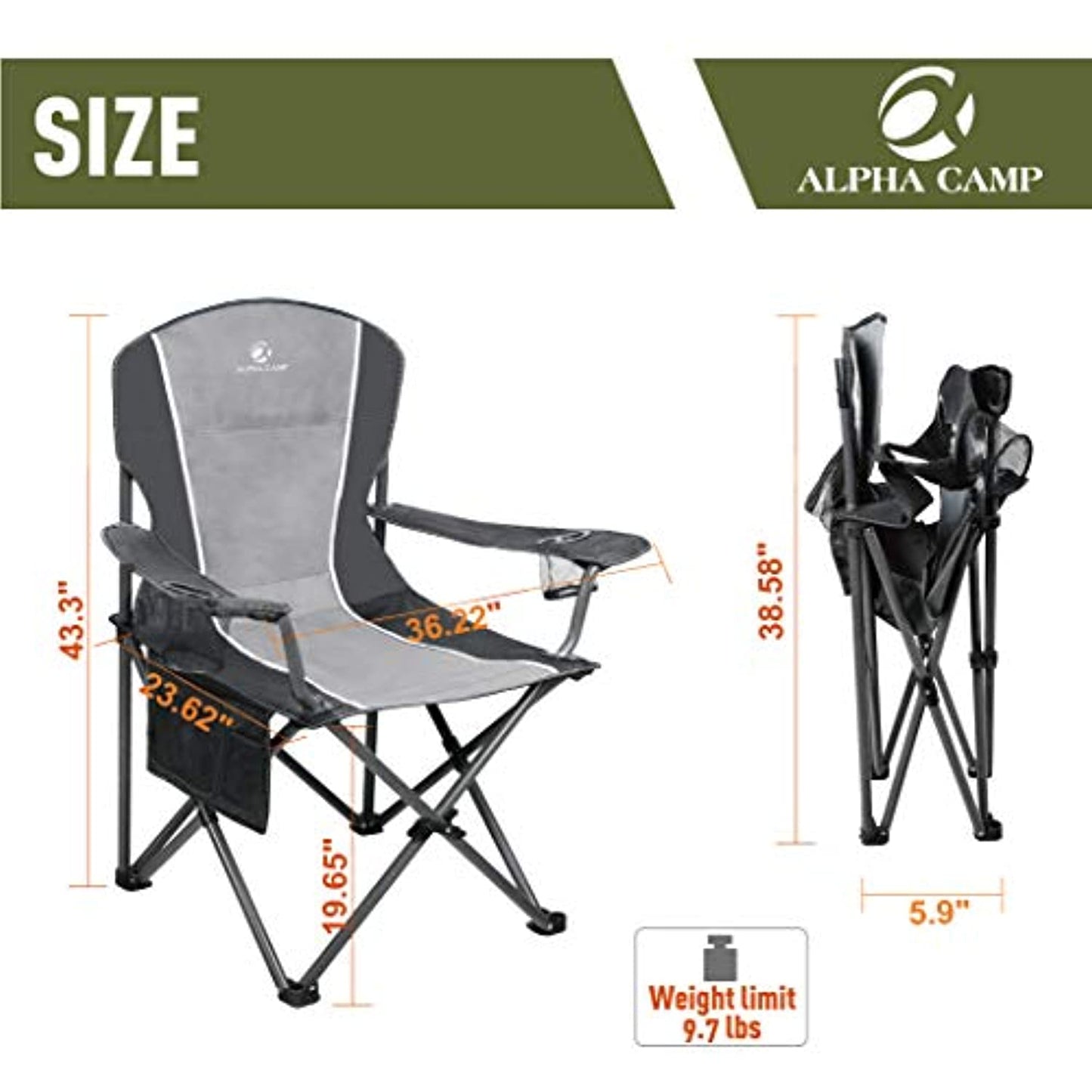 ALPHA CAMP Big Boy XL Quard Chair with Cooler Bag, Includes Drink Holder/ Cooler