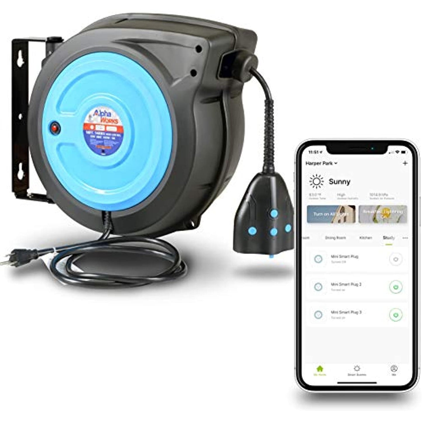 AlphaWorks Cord Reel Extension 14AWG x 50' Feet (2)IP64 Wireless 125v *OPEN BOX*