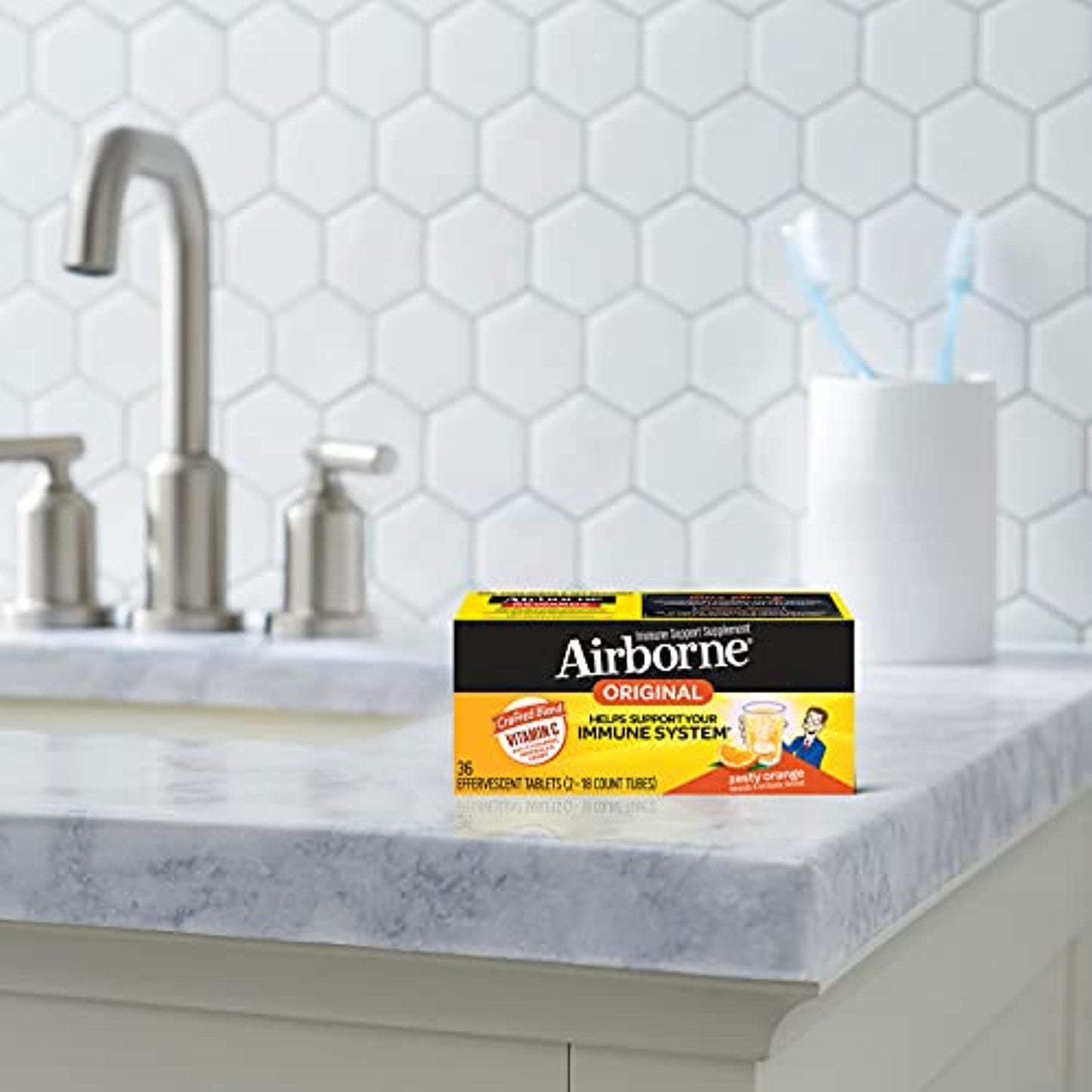 Airborne Vitamin C 1000mg (per serving) - Zesty Orange Effervescent Tablets (36 count in a box), Gluten-Free Immune Support Supplement With Vitamins A C E, ZINC, Selenium, Echinacea & Ginger