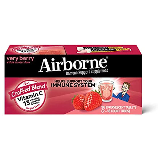 Airborne Vitamin C 1000mg (per serving) - Very Berry Effervescent Tablets (36 count in a box), Gluten-Free Immune Support Supplement, With Vitamins A C E, ZINC, Selenium, Echinacea & Ginger