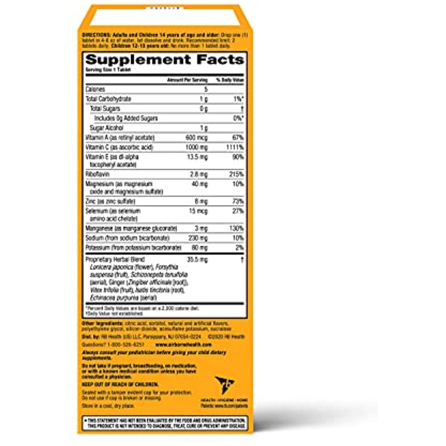 Airborne Vitamin C 1000mg (per serving) - Zesty Orange Effervescent Tablets (36 count in a box), Gluten-Free Immune Support Supplement With Vitamins A C E, ZINC, Selenium, Echinacea & Ginger