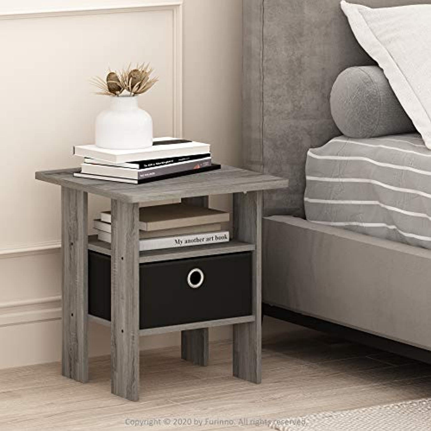 Furinno 11157  End Table Nightstand with Bin Drawer, French Oak Grey- OPEN BOX