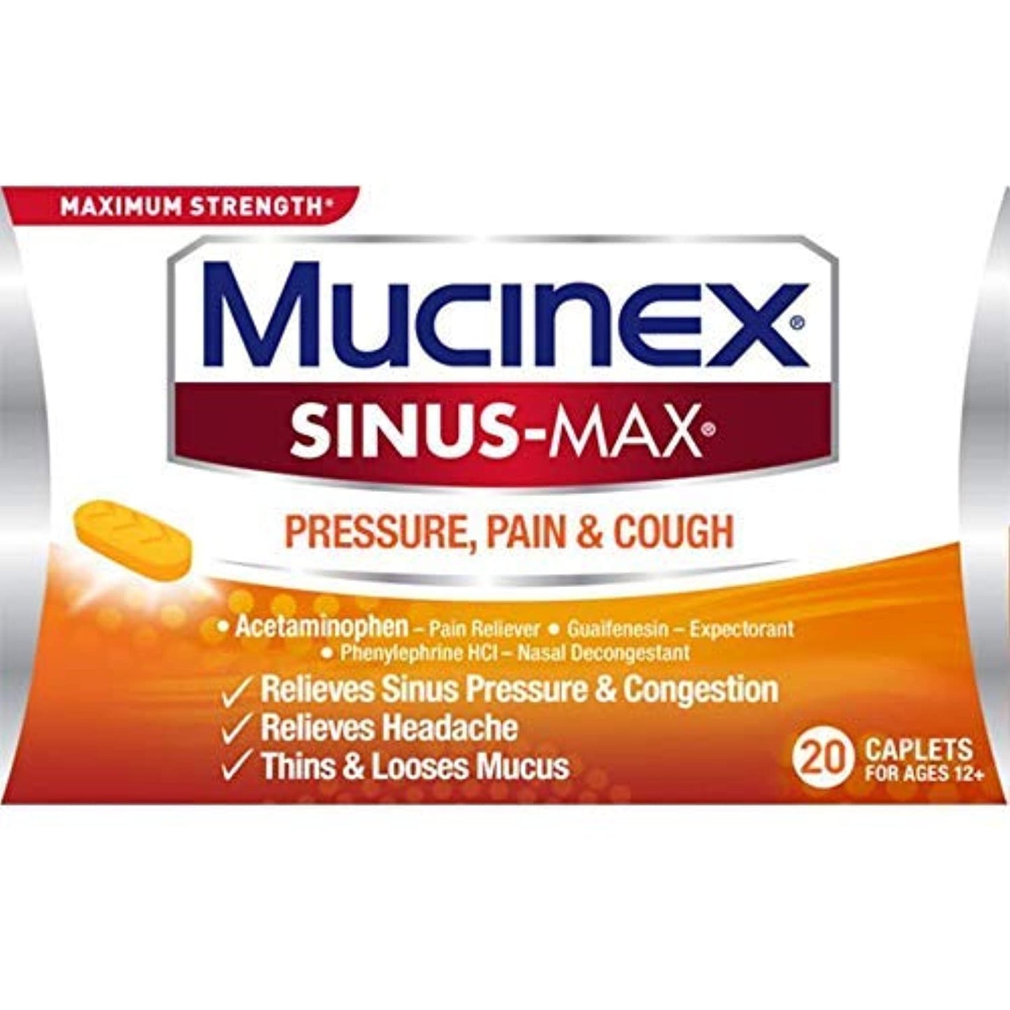 4 Pack Mucinex Sinus-Max Maximum Strength Pressure,Pain&Cough 20 Caplets EXP5/23