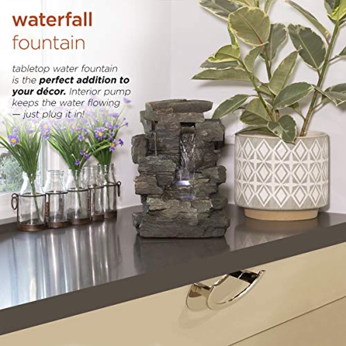 Alpine Cascading Tabletop Fountain with LED Lights- 13" Tall- Dark Grey open box