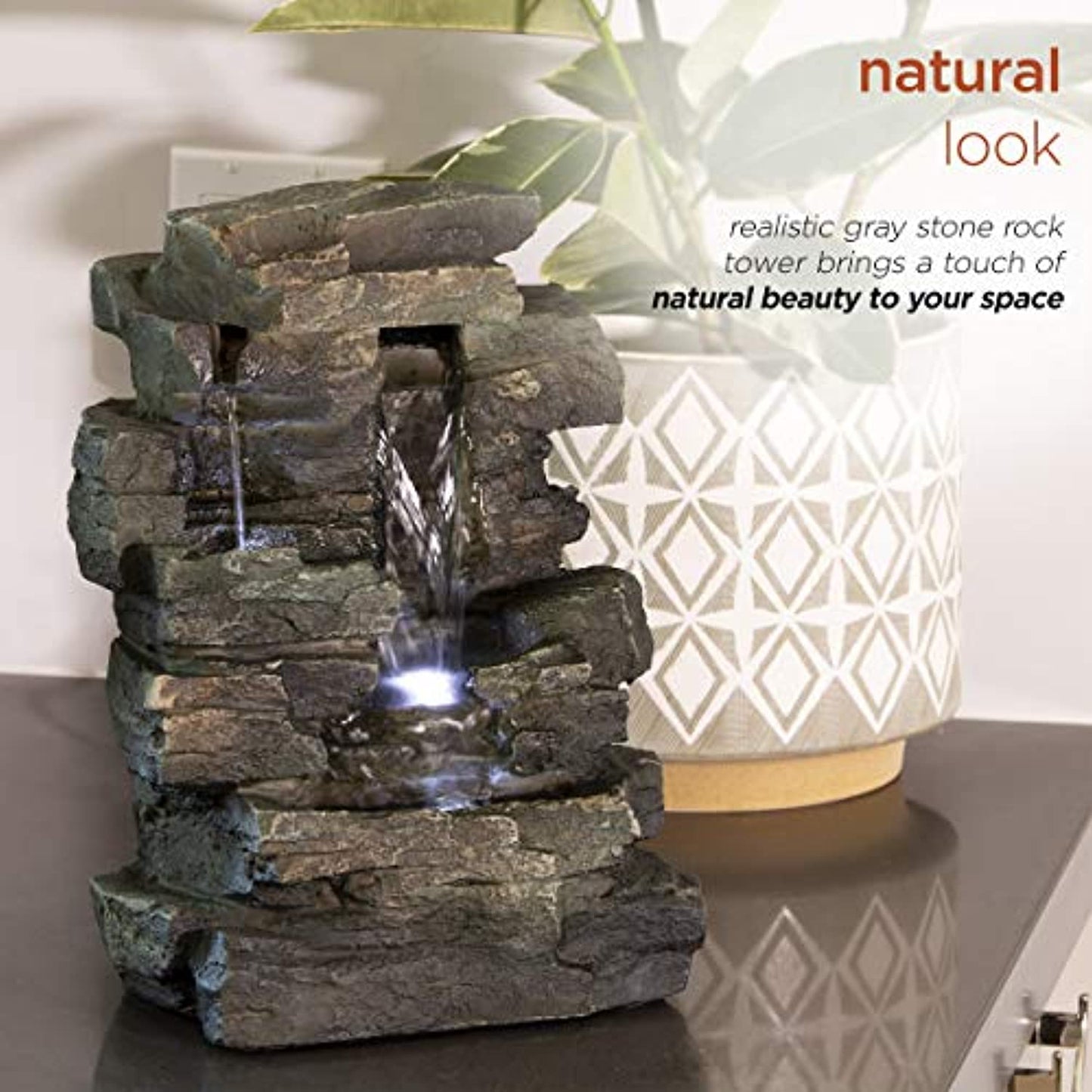 Alpine Cascading Tabletop Fountain with LED Lights- 13" Tall- Dark Grey open box