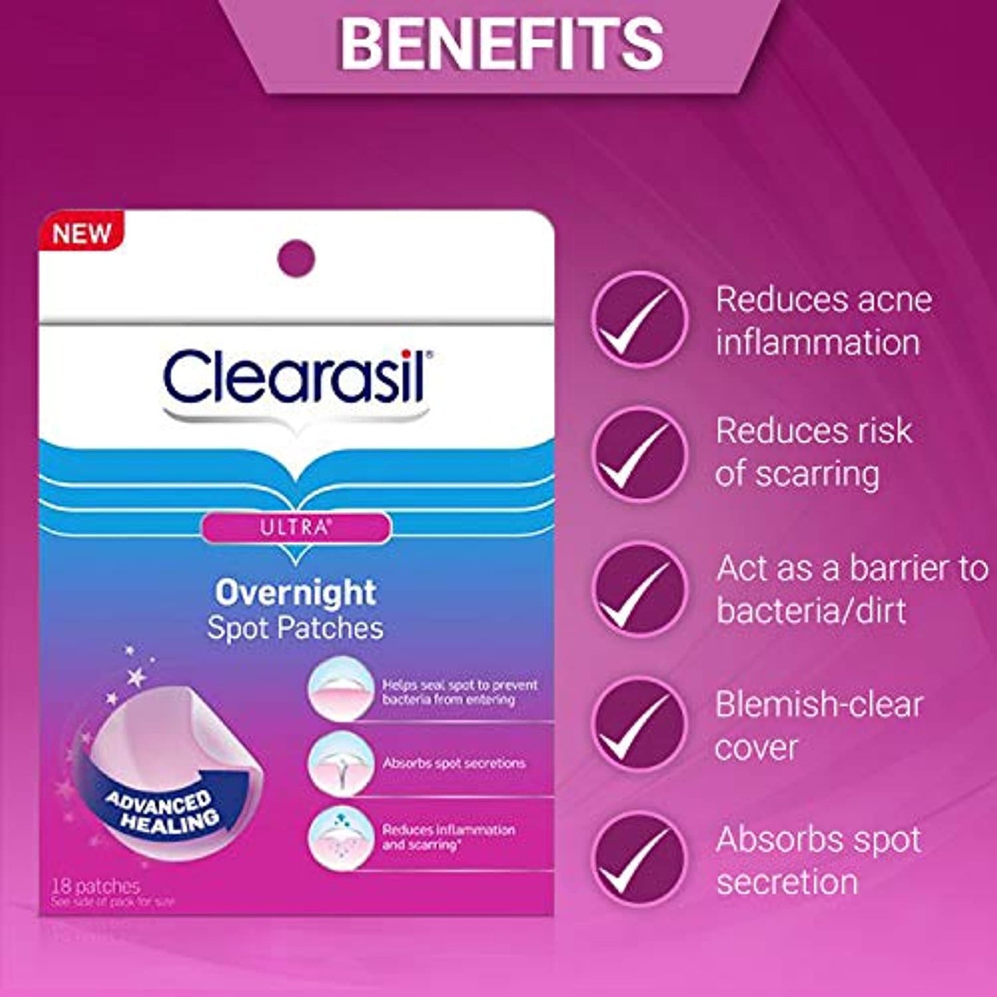 Acne Treatment Face Patches - Clearasil Ultra Overnight Spot Patches Advanced Healing for Acne Control, 18 Count (Pack of 2)