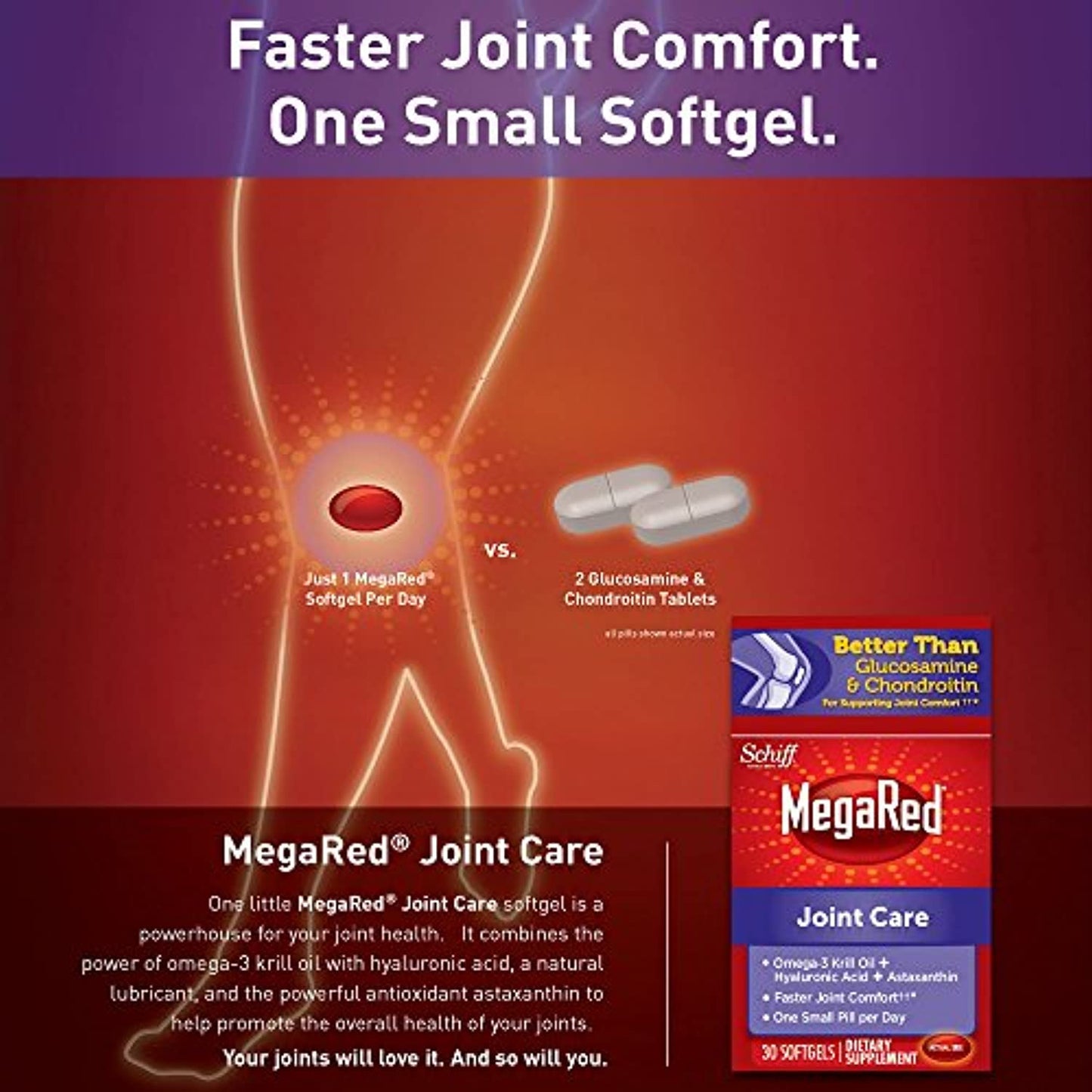 Omega-3 Krill Oil and Joint Supplement 353mg, Megared Joint Care Softgels (30 Count In A Bottle) - EPA/DHA fatty acids, Antioxidants, Hyaluronic acid, No fishy burp aftertaste as with Fish Oil (Pack of 2)