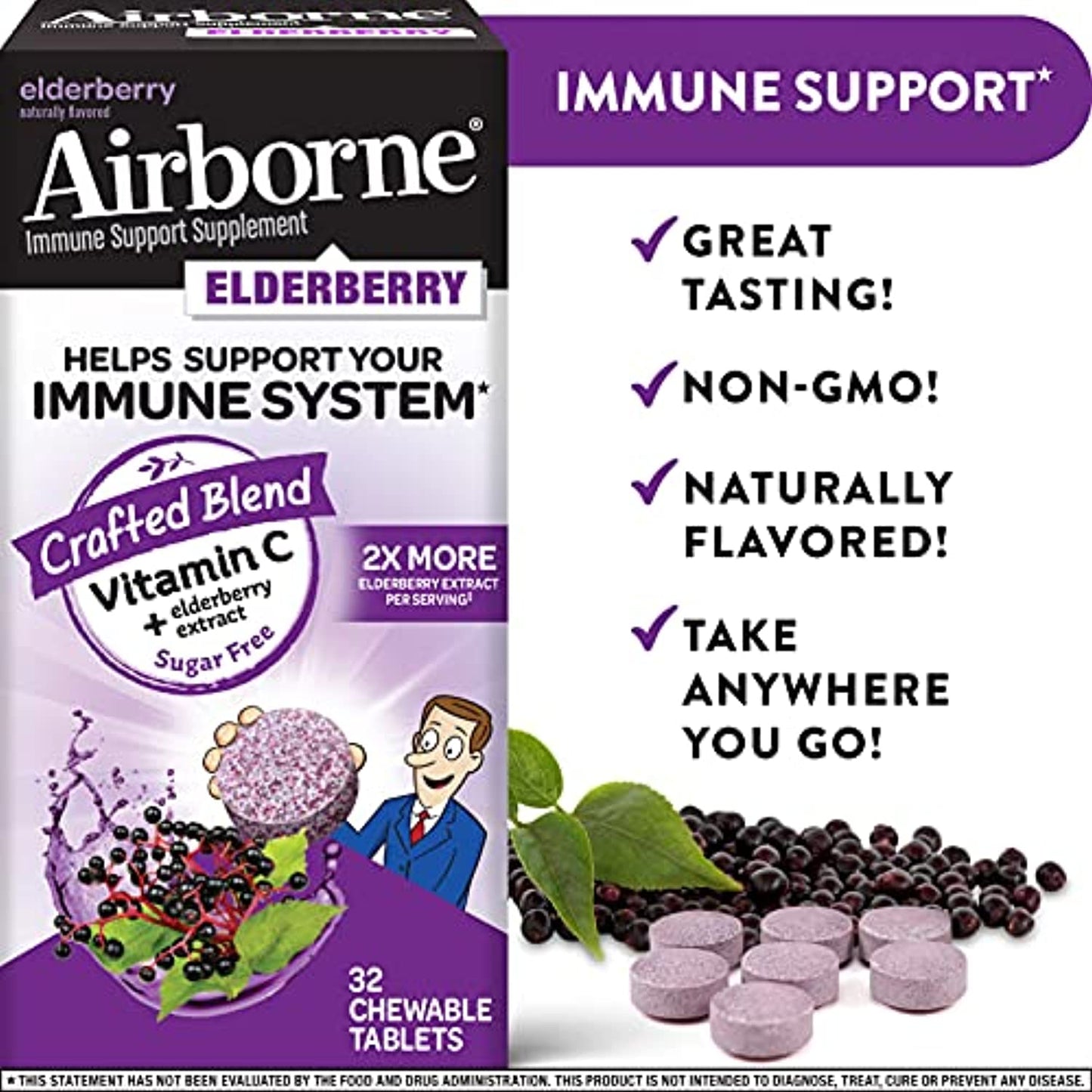 Airborne Immune Support Supplement Elderberry Flavor 32 Chews Tablets 6/2023