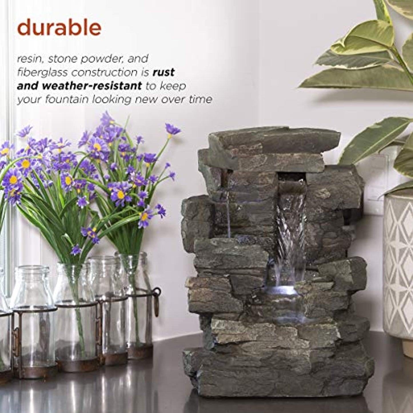 Alpine Cascading Tabletop Fountain with LED Lights- 13" Tall- Dark Grey open box