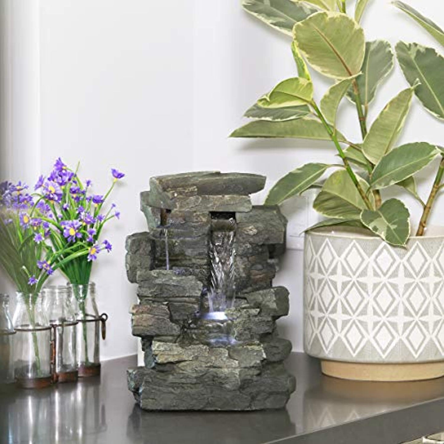 Alpine Cascading Tabletop Fountain with LED Lights- 13" Tall- Dark Grey open box