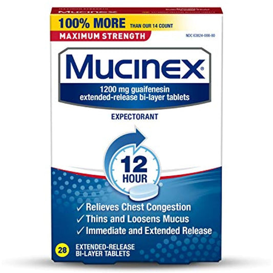 Mucinex Maximum Strength 12 Hour Chest Congestion Expectorant Relief Tablets, 1200 mg, 28 Count, Thins & Loosens Mucus