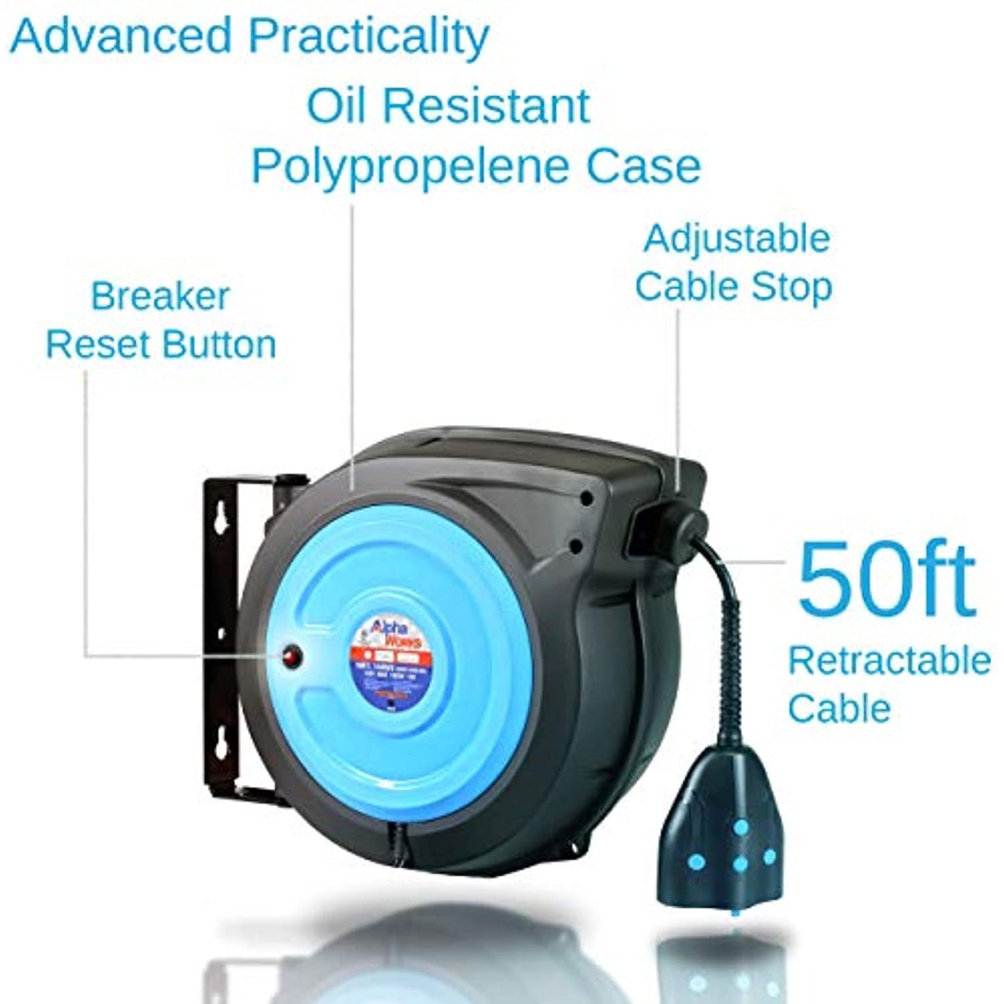 AlphaWorks Cord Reel Extension 14AWG x 50' Feet (2)IP64 Wireless 125v *OPEN BOX*