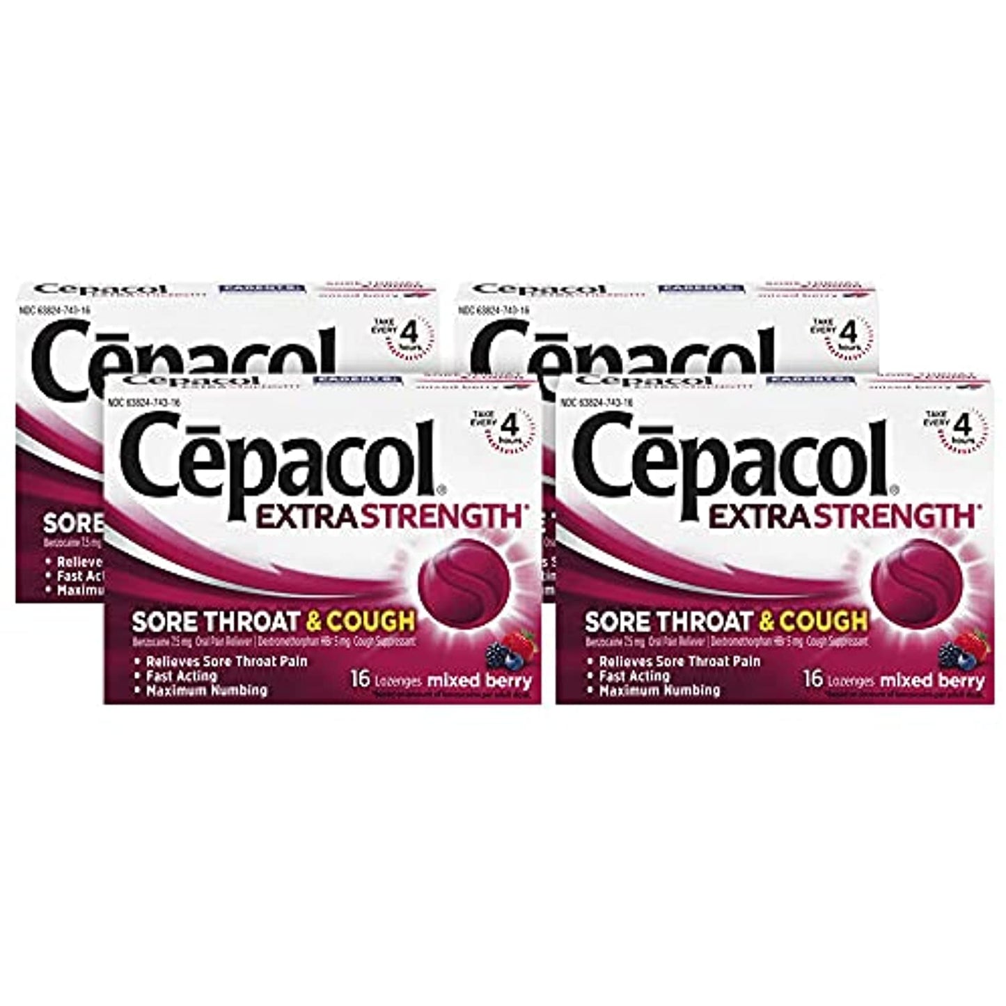 4 Pack Cepacol Sore Throat & Cough Drop Lozenges, Berry 48ct EXP 7/22