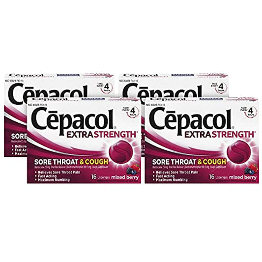 4 Pack Cepacol Sore Throat & Cough Drop Lozenges, Berry 48ct EXP 7/22