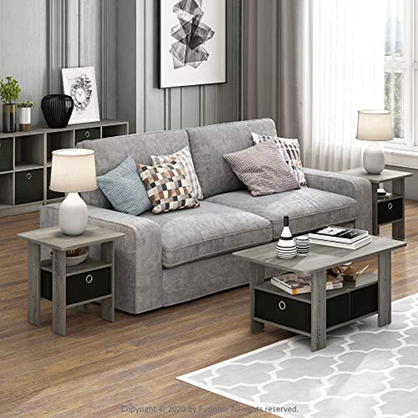 Furinno 11157  End Table Nightstand with Bin Drawer, French Oak Grey- OPEN BOX