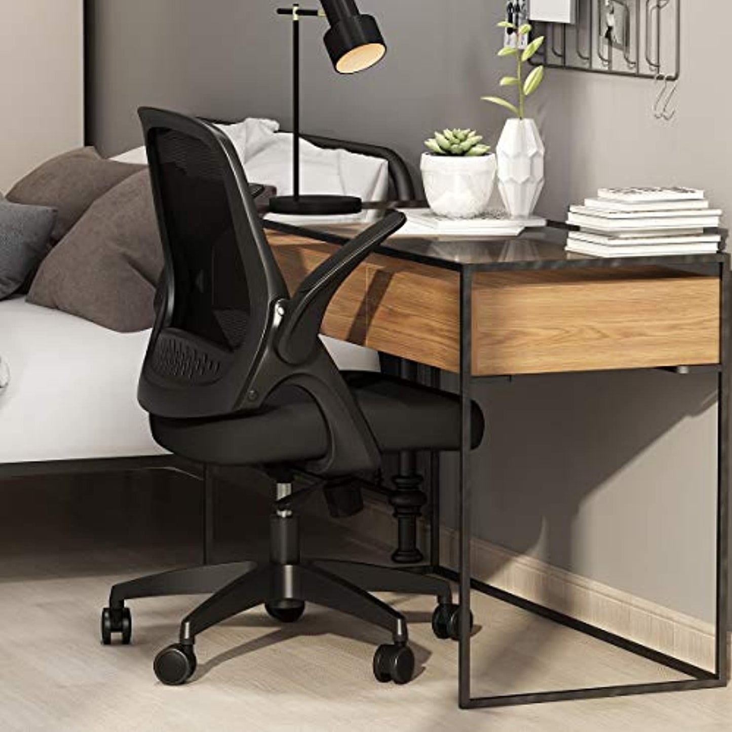 Hbada Office Desk Chair Swivel with Flip-up Arms/ Adjustable Height -white- NEW