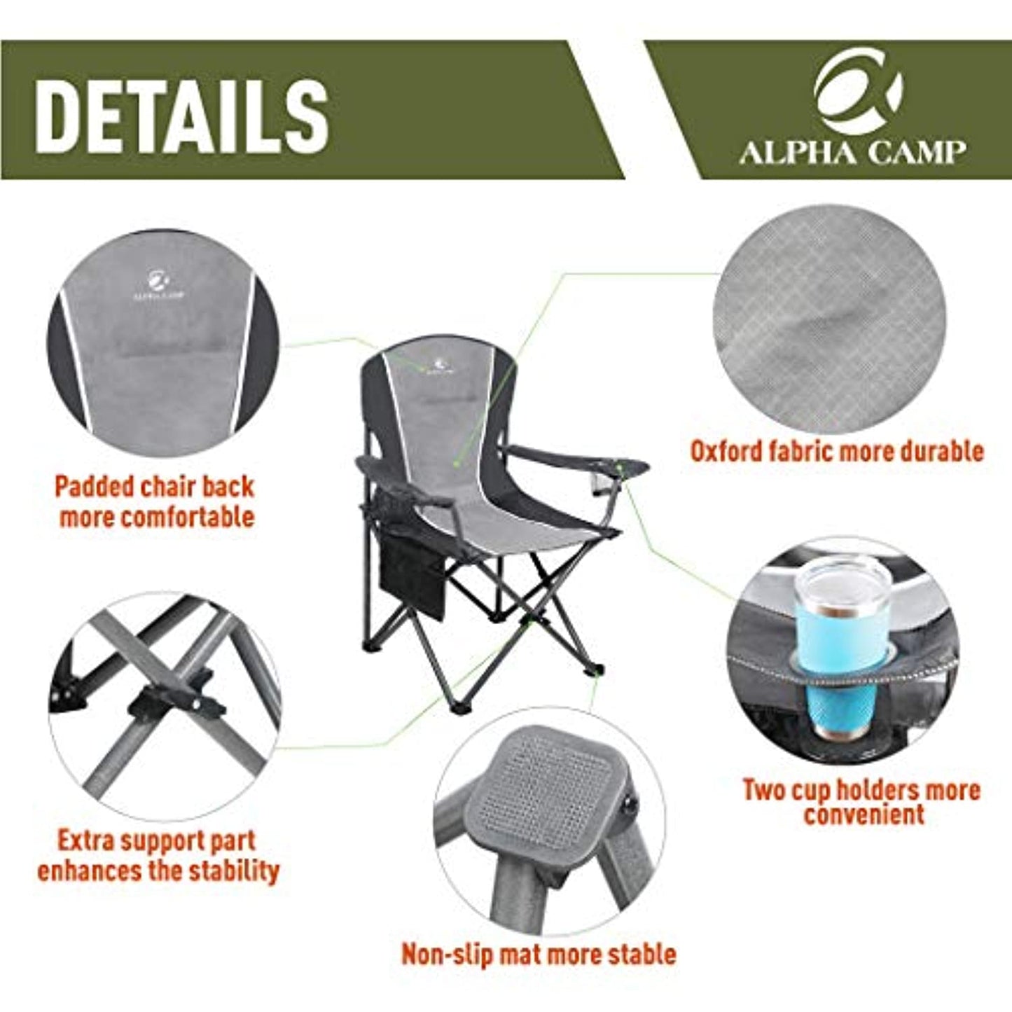 ALPHA CAMP Big Boy XL Quard Chair with Cooler Bag, Includes Drink Holder/ Cooler