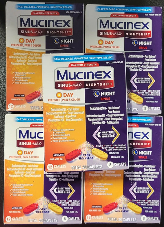 5 Mucinex Sinus Max Nightshift Day & Night Max Strength 20 Caplets Each Exp 2/23