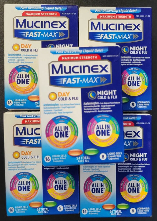 5 Boxes 24ct +16ct Mucinex Maximum Strength Fast-Max Day & Nightshift Cold & Flu