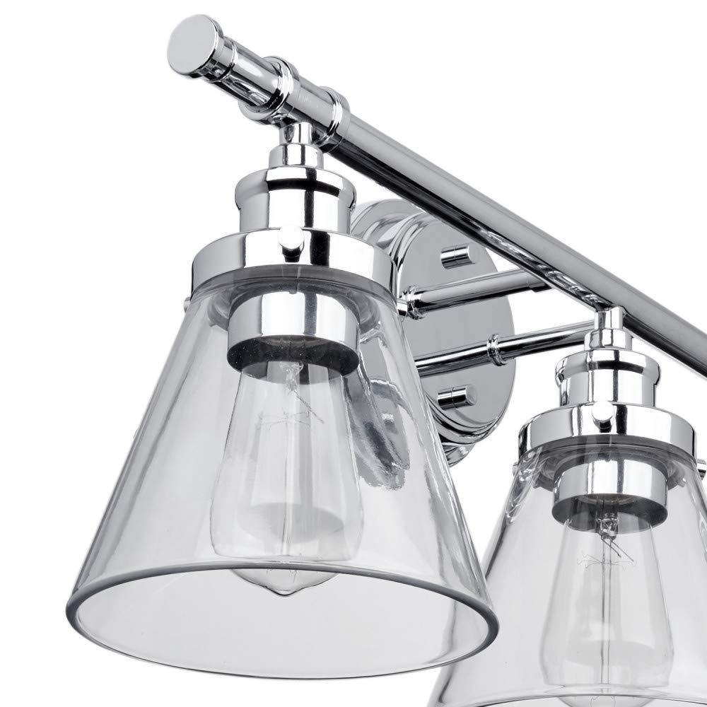 Globe Electric 51234 Parker 5-Piece All-In-One Bathroom Set, Chrome, 3-Light Vanity Light with Clear Glass Shades, Towel Bar, Towel Ring, Robe Hook, Toilet Paper Holder