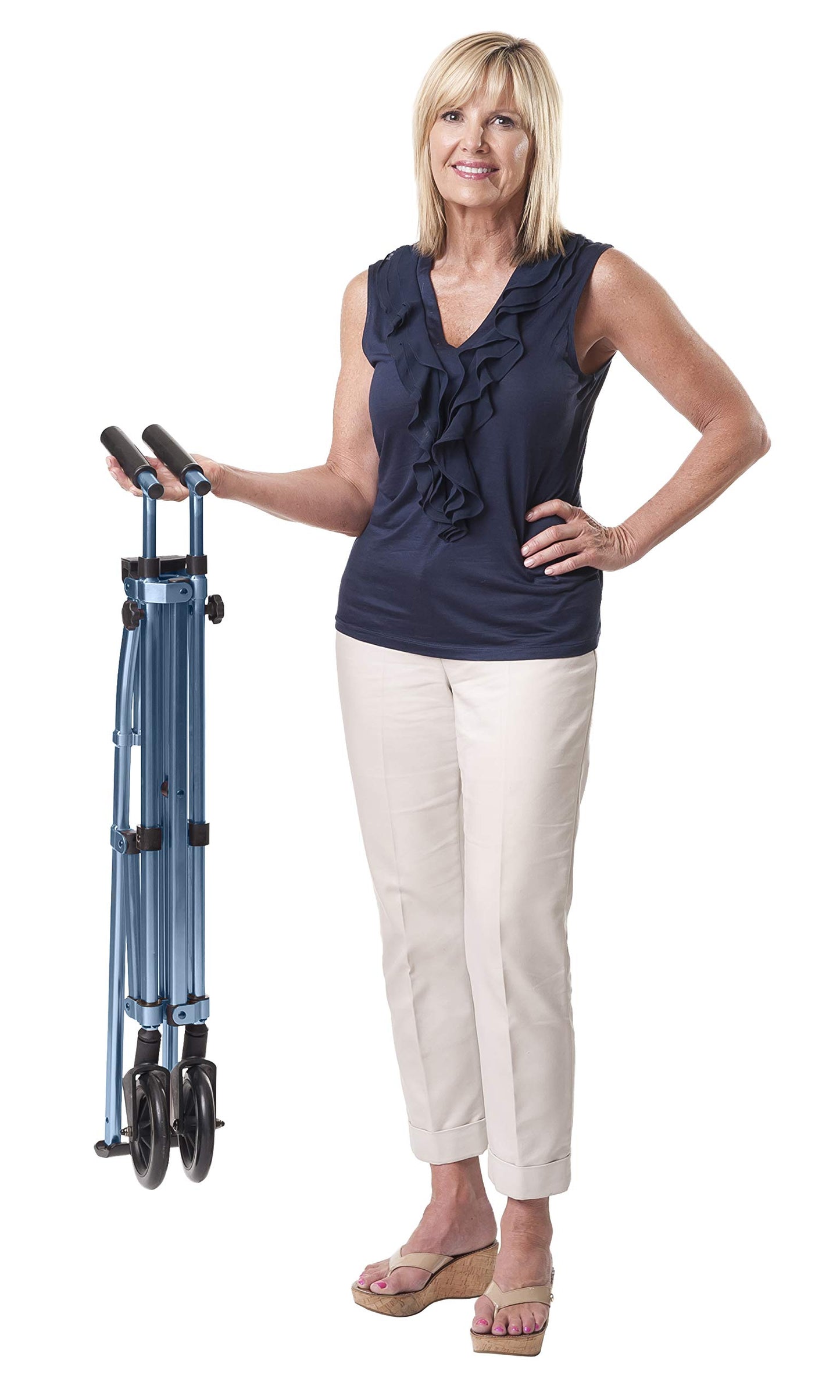 Able Life Space Saver Walker - Lightweight Folding & Height Adjustable Adult Travel Walker for Seniors + Fixed Wheels & Rear Glides - Cobalt Blue