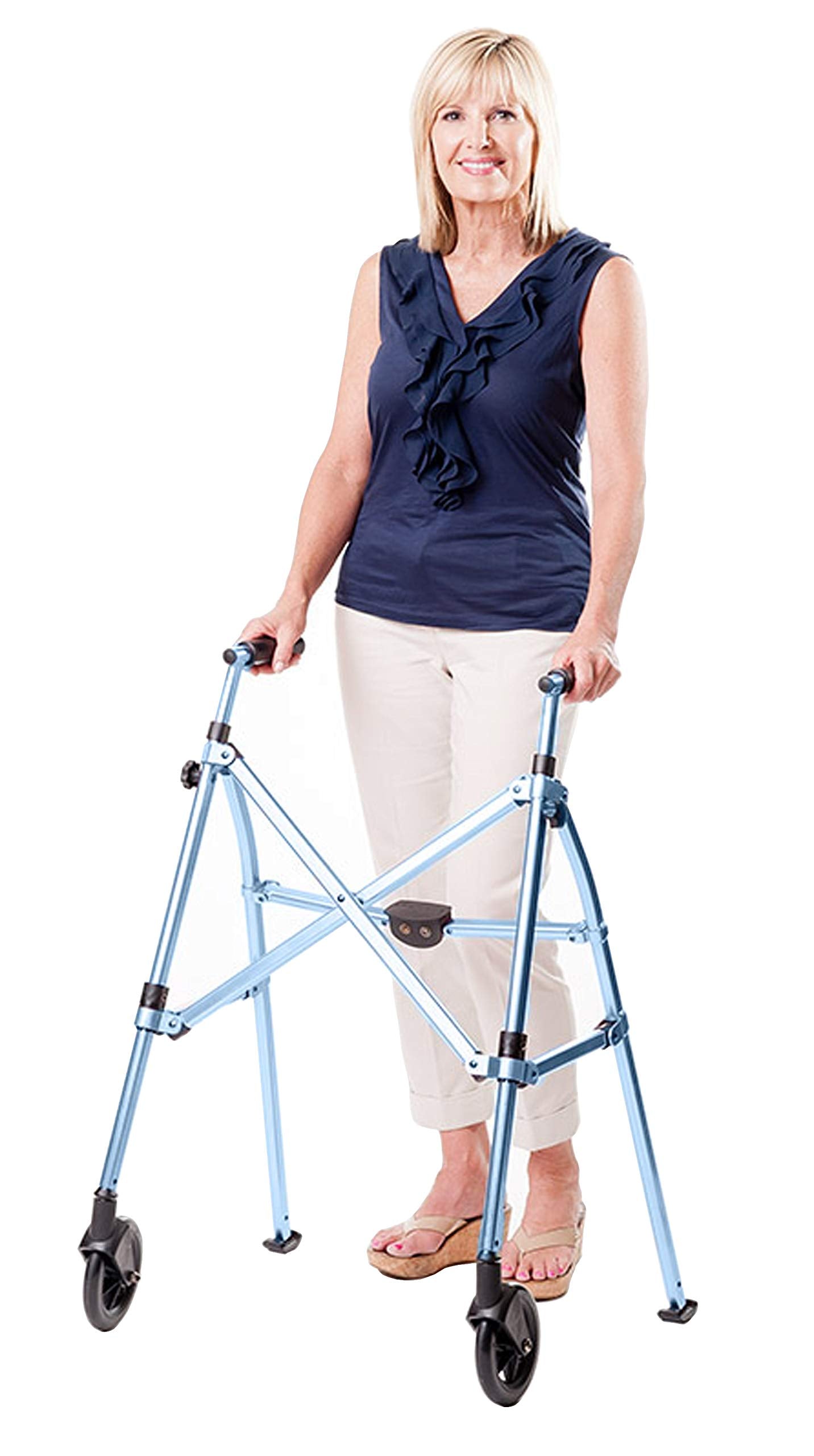 Able Life Space Saver Walker - Lightweight Folding & Height Adjustable Adult Travel Walker for Seniors + Fixed Wheels & Rear Glides - Cobalt Blue