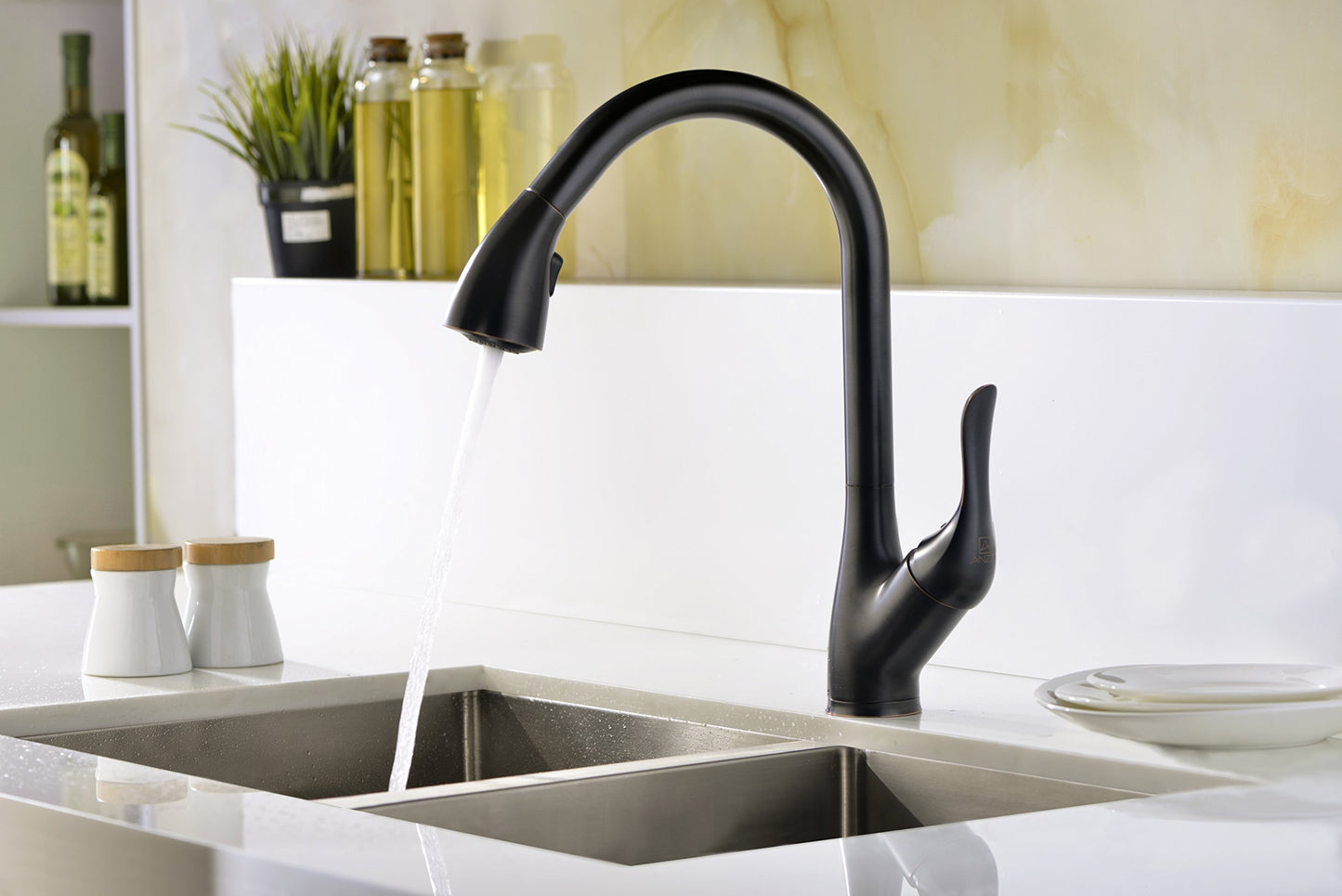 ANZZI Accent Single Handle Pull Down Solid Brass Kitchen Faucet in Oil Rubbed Bronze | cUPC Certified Commercial Stainless Steel Sink Dual Setting Motion 360 Degree Turning Spout Sprayer | KF-AZ031ORB