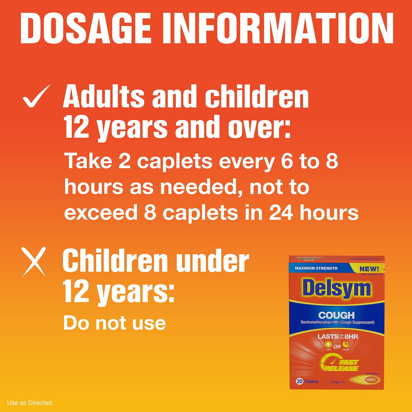 Delsym Fast Release Caplets, Lasts up to 8 Hour Day or Night, 20 Count 6/2023