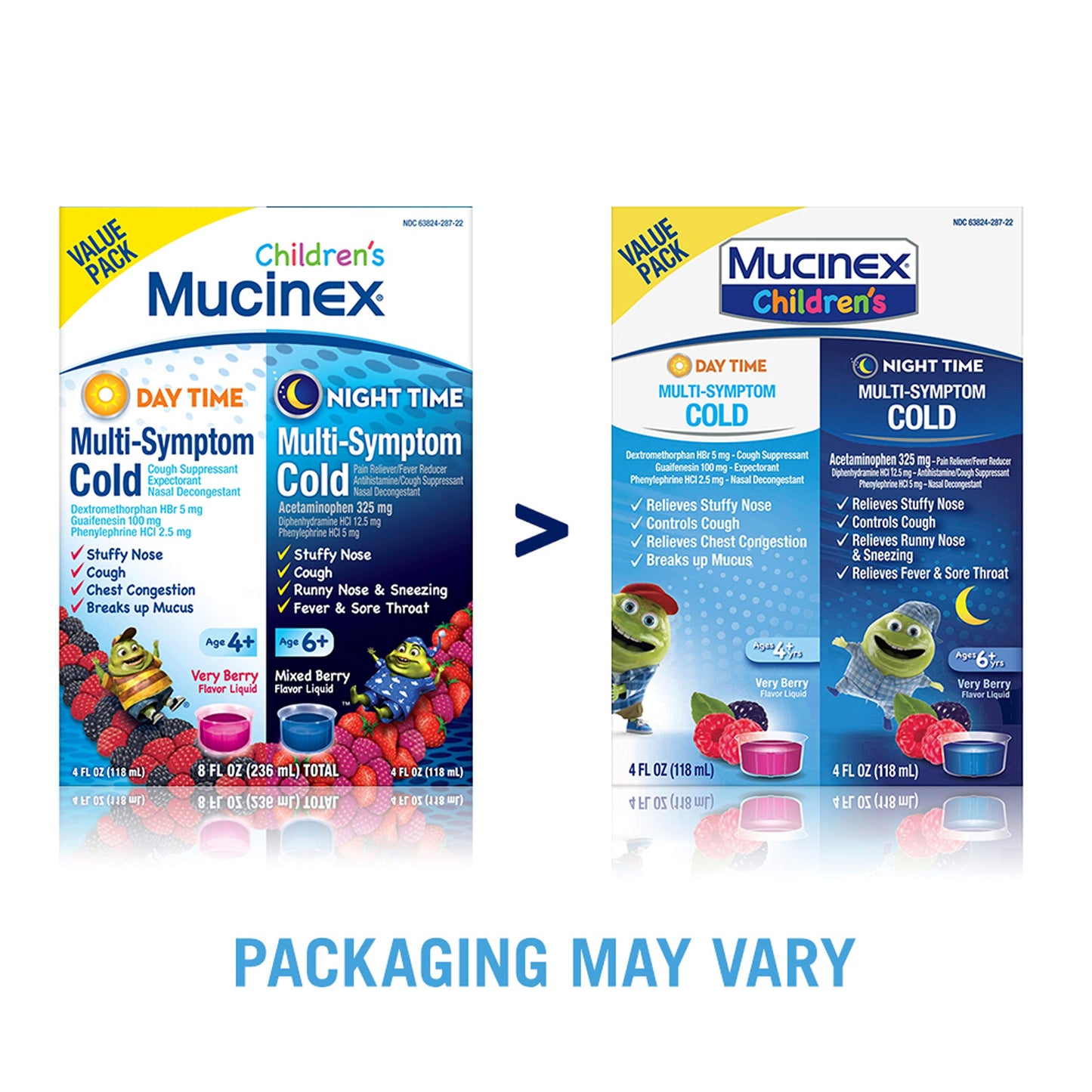Cold & Cough, Mucinex Children's Multi-Symptom Day/Night Liquid, Very Berry, 4 Fl Oz (Pack of 2)