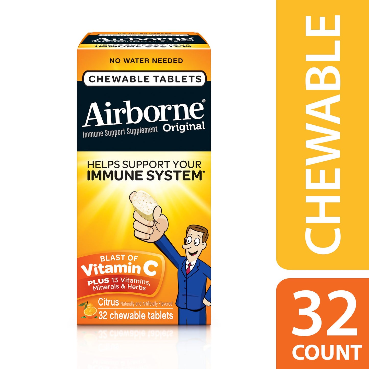 Airborne Citrus Chewable Tablets 1000 mg of Vitamin C Immune Support Supplement, 32 Count