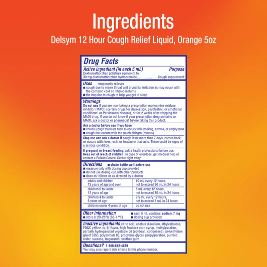 Delsym Adult 12 Hr Cough Relief Liquid, Orange, 5oz EXP 6/2023 NO BOX