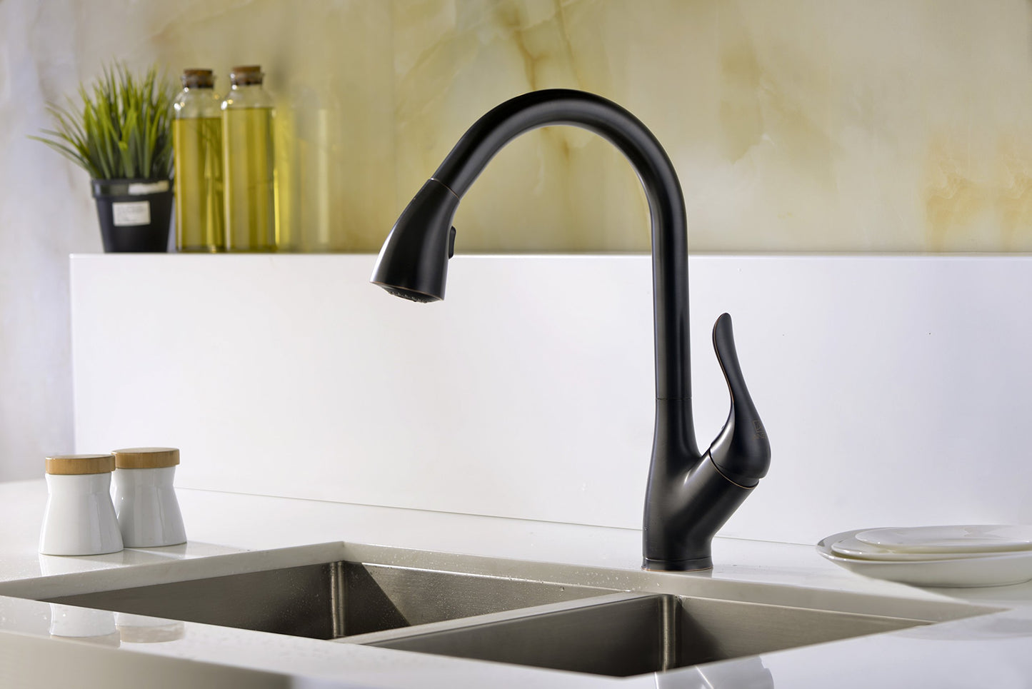 ANZZI Accent Single Handle Pull Down Solid Brass Kitchen Faucet in Oil Rubbed Bronze | cUPC Certified Commercial Stainless Steel Sink Dual Setting Motion 360 Degree Turning Spout Sprayer | KF-AZ031ORB