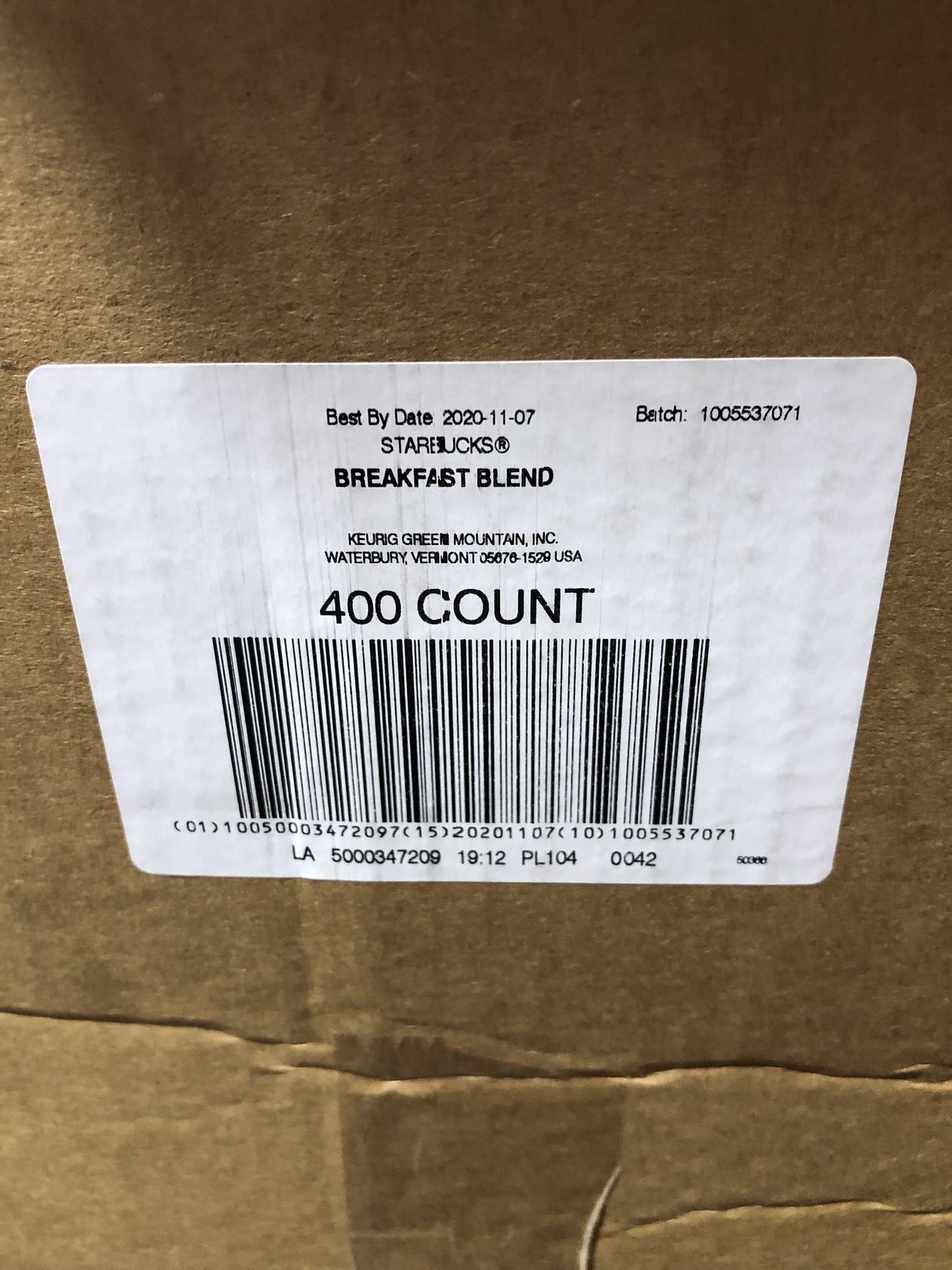 400 Starbucks Breakfast Blend Medium Roast K Cups BBD 11/2020