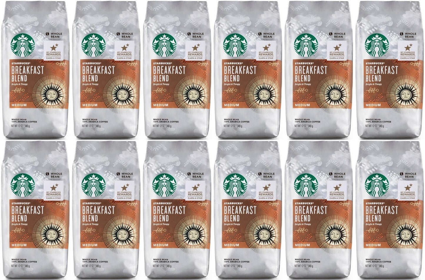 12 PACK Starbucks Breakfast Medium Roast Whole Bean Coffee Best By August 2020