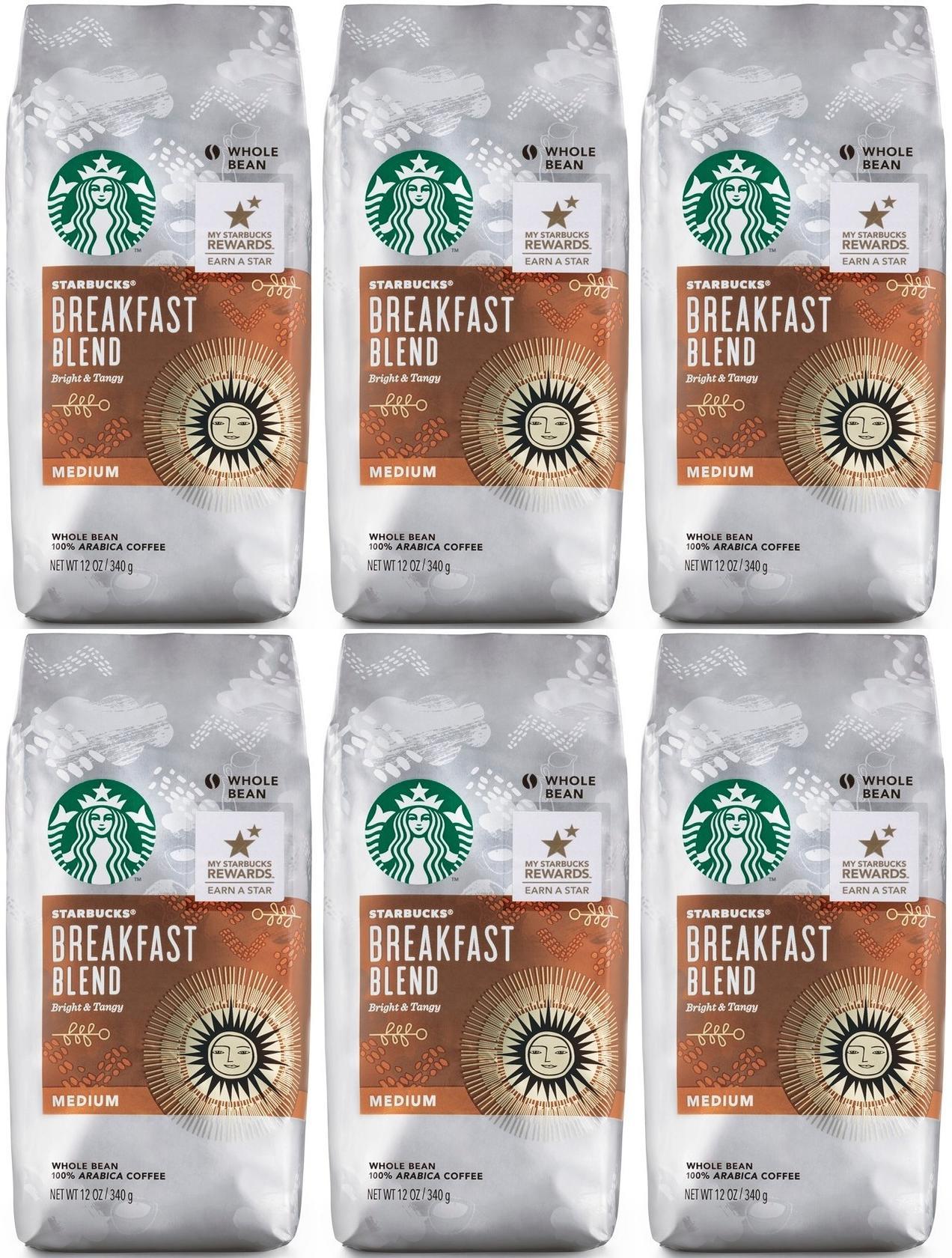 6 PACK Starbucks Breakfast Medium Roast Whole Bean Coffee Best By August 2020