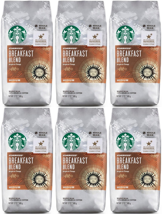 6 PACK Starbucks Breakfast Medium Roast Whole Bean Coffee Best By August 2020