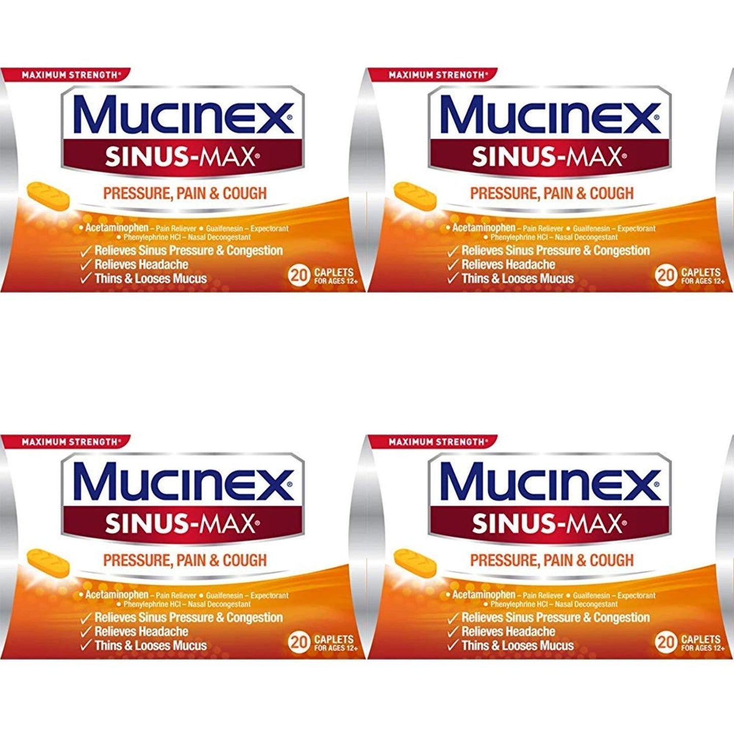 4 Pack Mucinex Sinus-Max Maximum Strength Pressure,Pain&Cough 20 Caplets EXP5/23
