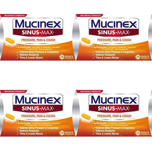4 Pack Mucinex Sinus-Max Maximum Strength Pressure,Pain&Cough 20 Caplets EXP5/23