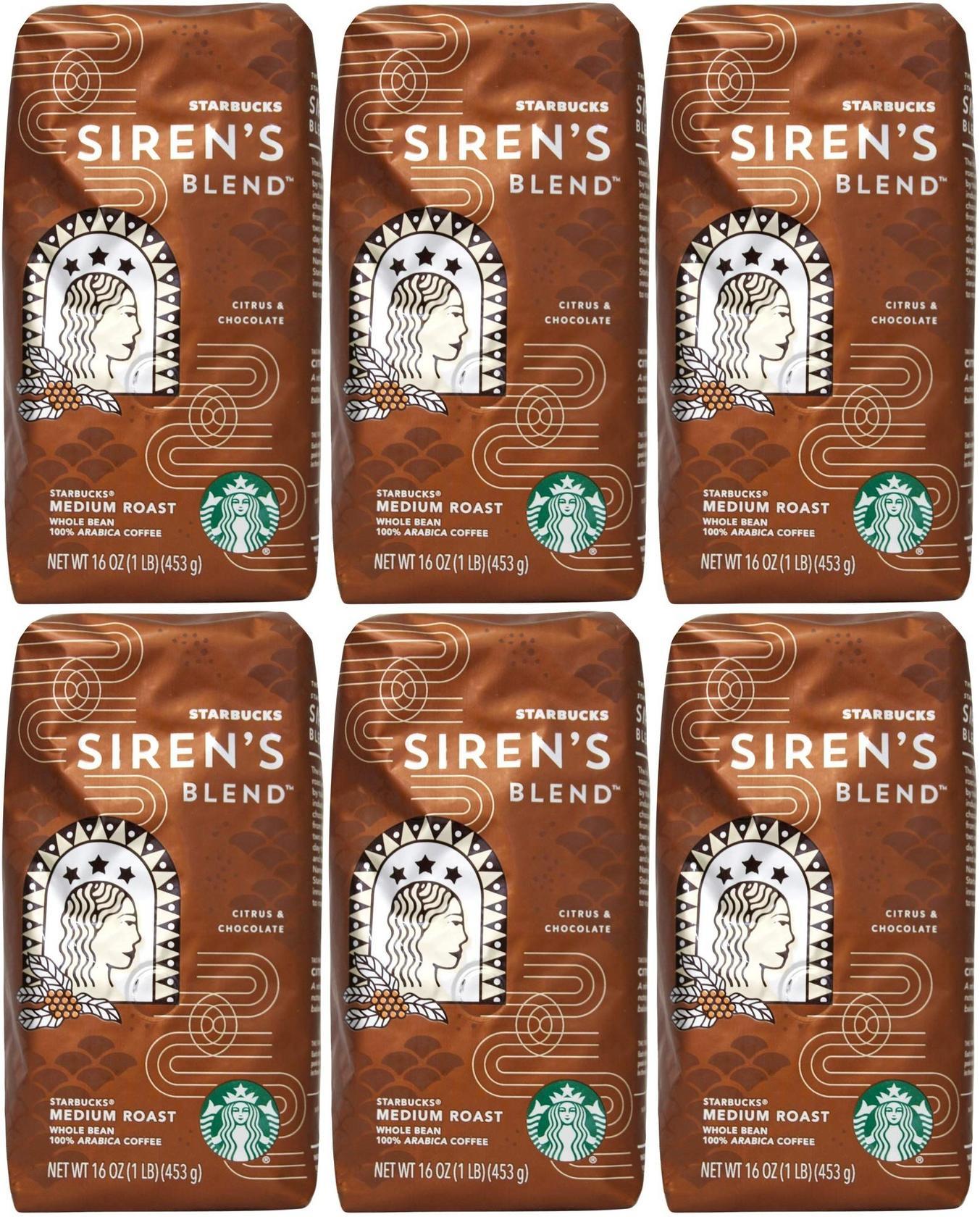 6 Pack Starbucks Medium Roast Siren's Blend Whole Bean Best Before 3/2021