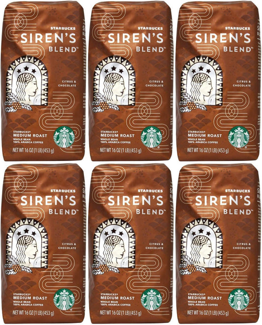 6 Pack Starbucks Medium Roast Siren's Blend Whole Bean Best Before 3/2021