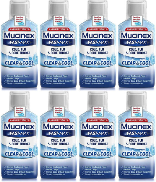 8 Pack Mucinex Fast-Max Clear & Cool Cold Flu Sore Throat Liquid 6oz EXP 12/2021