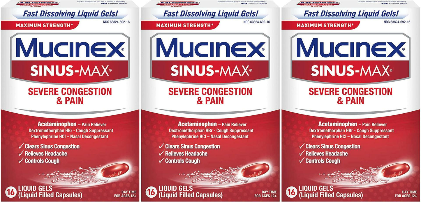 3X- Mucinex Sinus-Max Severe Congestion and Pain Liquid Gels - 16count EXP 12/21