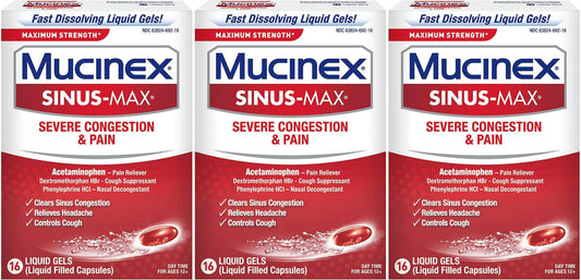 3X- Mucinex Sinus-Max Severe Congestion and Pain Liquid Gels - 16count EXP 12/21
